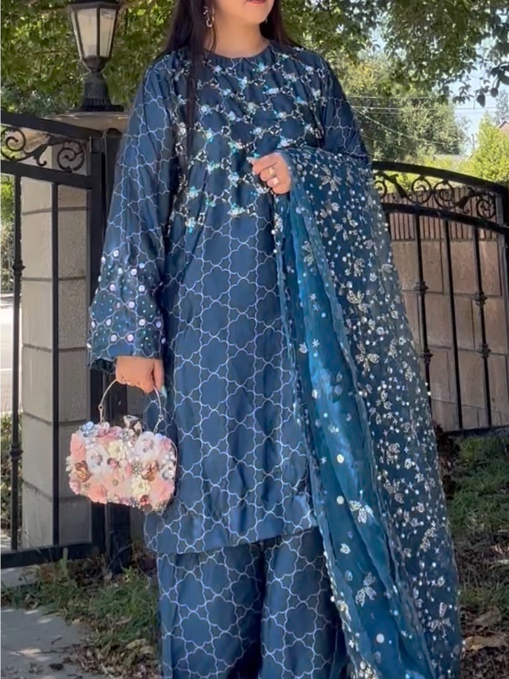Embroidered Navy Blue Two-Piece Set with Floral Dupatta
